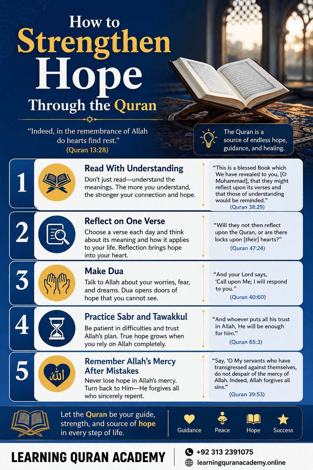 How to Strengthen Hope Through the Quran 1. Read With Understanding 2. Reflect on One Verse 3. Make Dua 4. Practice Sabr and Tawakkul 5. Remember Allah's Mercy After Mistakes Quran Teaches Hope: 4 Verses for Life's Hard Times